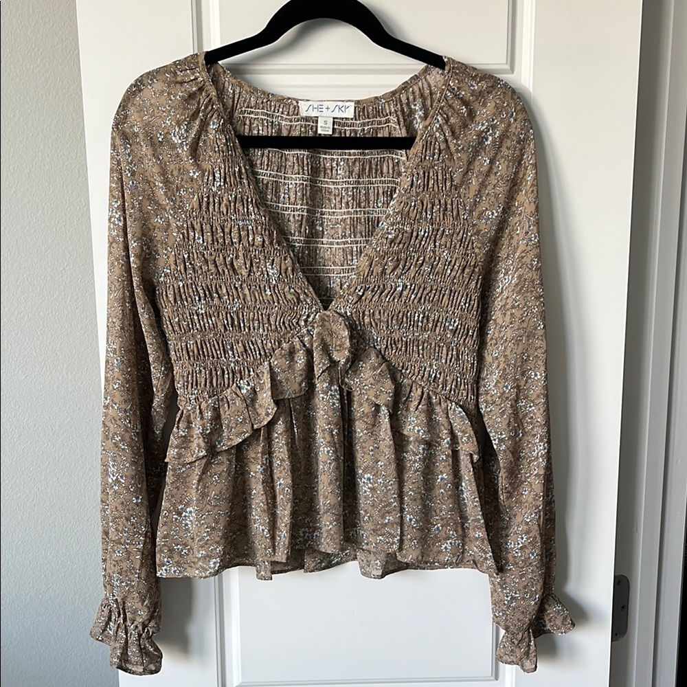 She + Sky Tan Smocked Ruffled Blouse